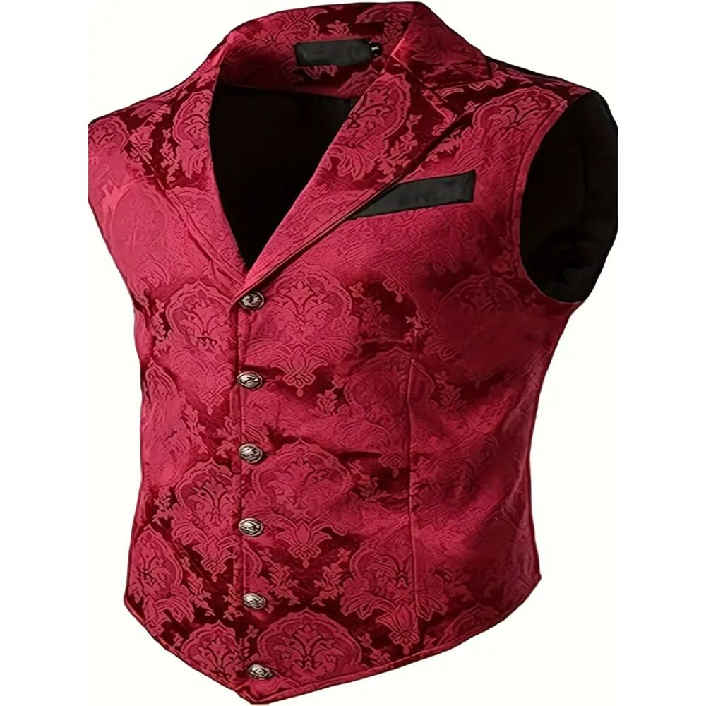 Jacquard Weave Dress Waistcoat Retro Single Breasted V Neck Vest Red  XXL 44